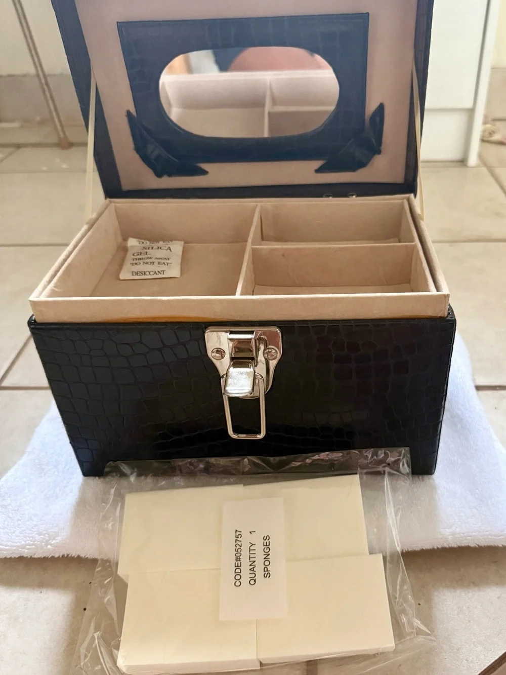 Vintage Nordstrom Makeup Train Case Faux Black Alligator Leather with Gold Trim